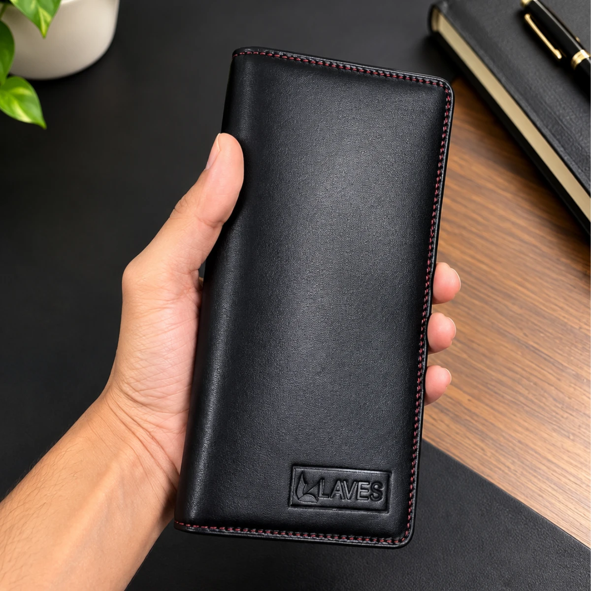 Genuine Leather Double Gadget Mobile Long Wallet(Black) M-23,